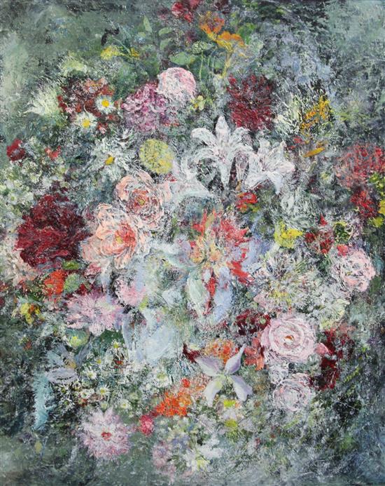 Modern British Still life of flowers, 30 x 25in., unframed